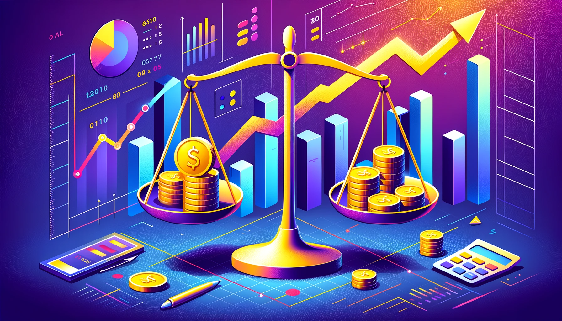 a symbolic balance scale with one side holding gold coins or symbolic paper currency to represent a media budget, and the other side featuring graphic elements such as ascending arrows or a rising bar chart to represent performance.